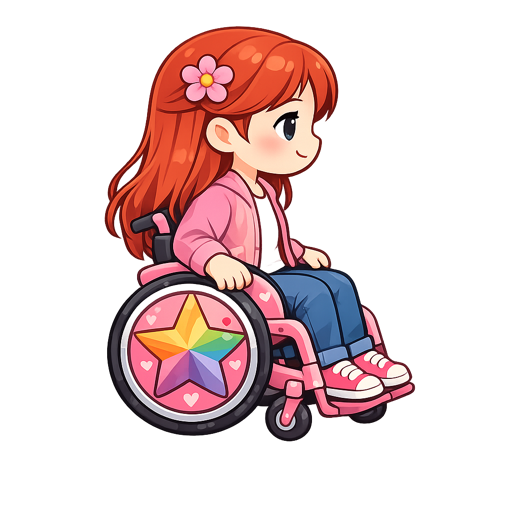 Jaimie in her pink wheelchair with rainbow-star wheels