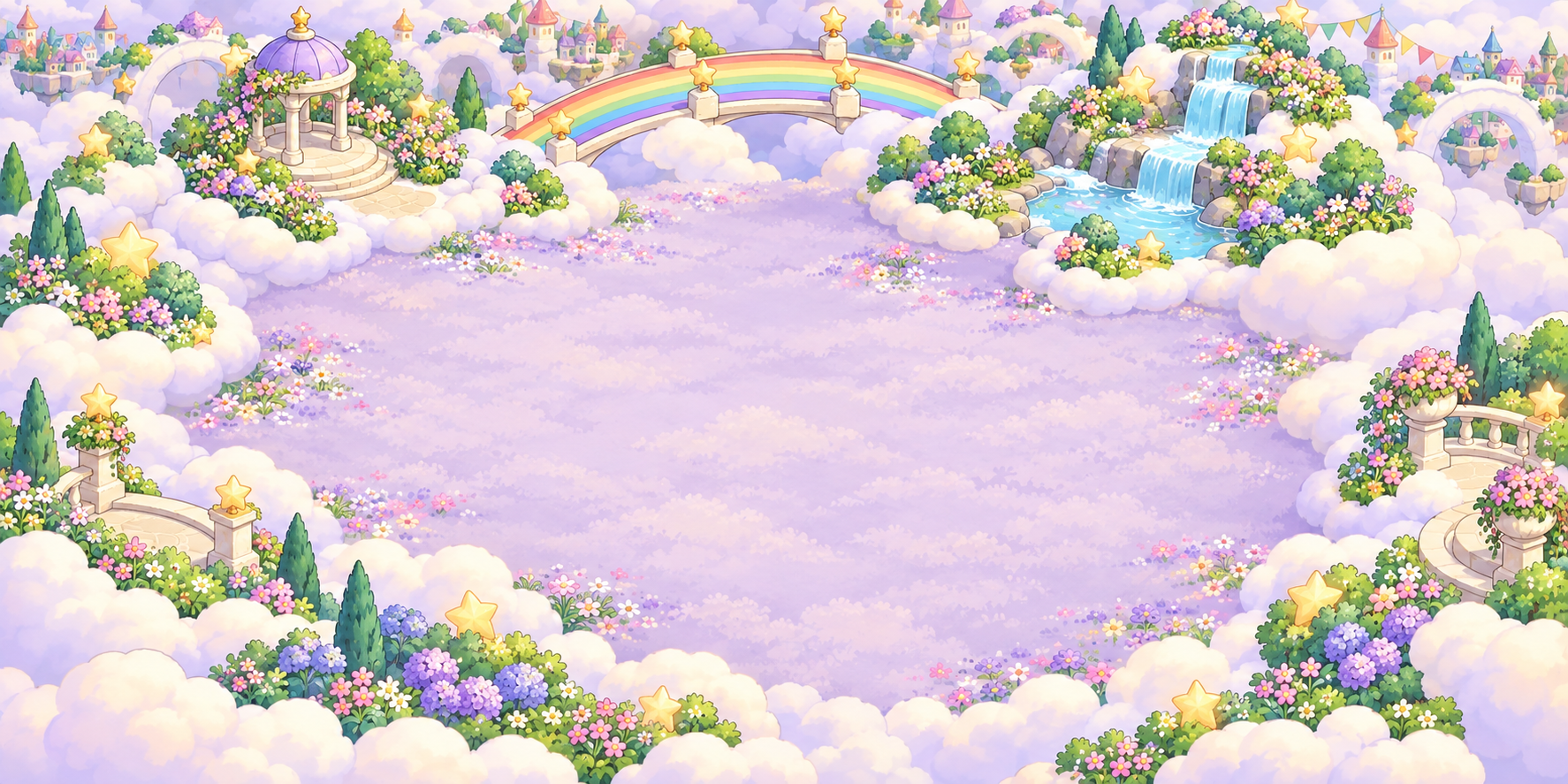 Rainbow Road's pastel gardens and cloud-filled sky
